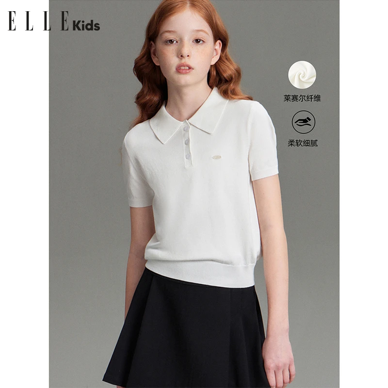 ELLE KIDS polo领短袖针织衫女童夏季新款法式经典莱赛尔上衣A3