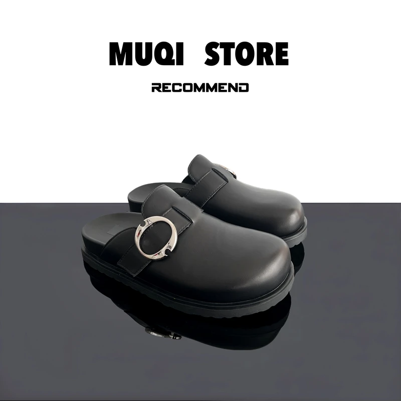 MUQI 2025年春夏新款真皮勃肯包头拖鞋平底透气英伦半拖凉鞋女