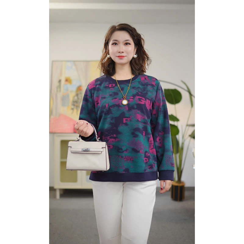 星梦情缘大码T恤宽松型透气圆领常规款休闲风长袖印花女