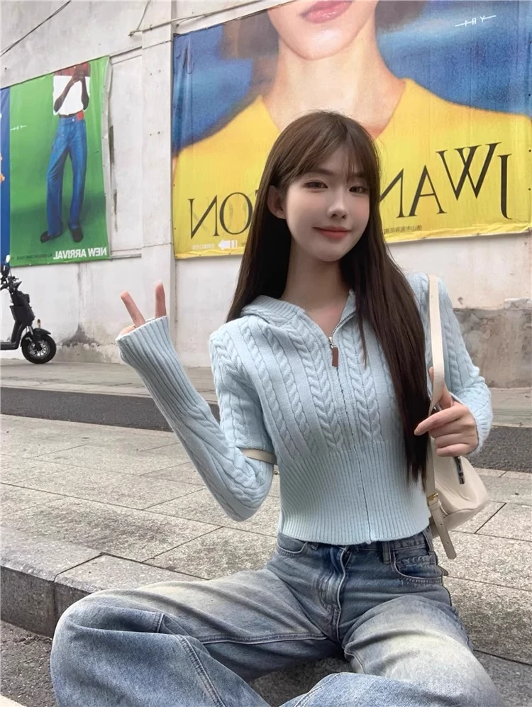 麻花拉链连帽针织开衫女2025秋冬小个子短款毛衣外套内搭打底上衣