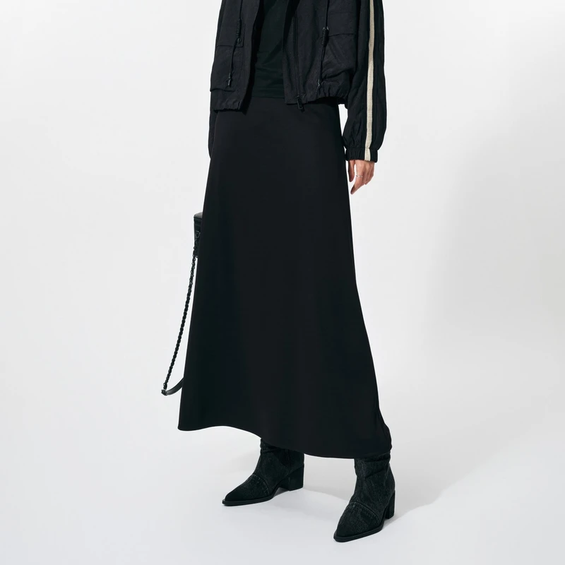 U/TI春秋黑色高腰大摆长裙女垂感显瘦A字半身裙时尚百搭爆款裙