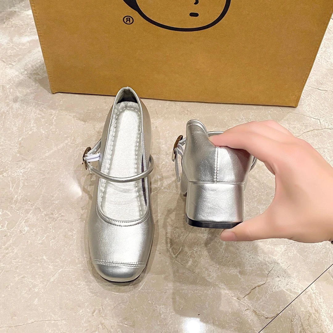 【万达撤柜】增高7CM~新款法式银色玛丽珍鞋女浅口单鞋方头芭蕾风鞋