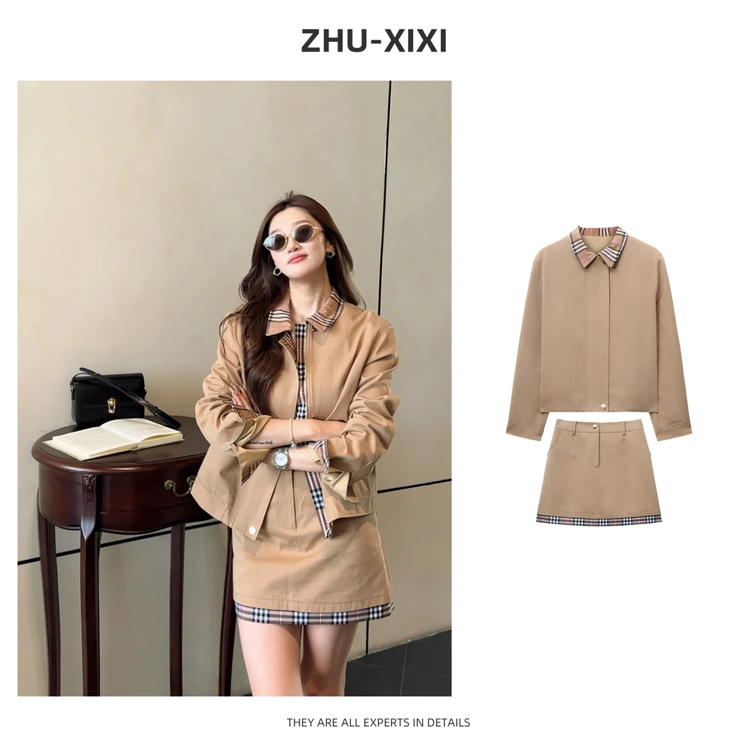 祝喜喜【复古腔调】25年秋季长袖风衣拼格子POLO领宽松百搭轻奢女装