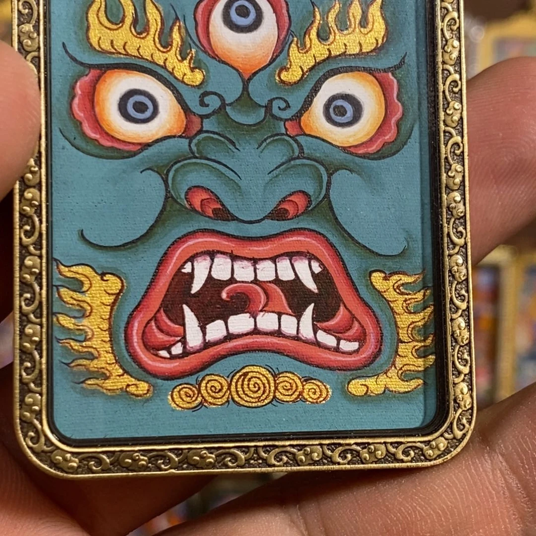 吊坠绿财面首《假一罚四，铅笔底稿，真金真矿料绘制》热贡唐卡