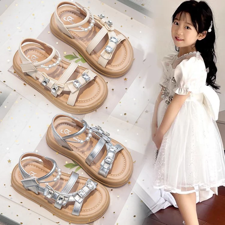 儿童2025时装水钻凉鞋女夏季凉鞋中童大童女童时尚防滑软底公主鞋