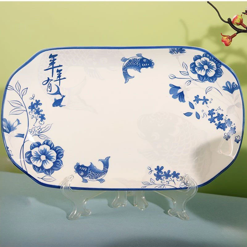 国风精致中式家用年年有鱼釉中彩高脚国风耐高温青花陶瓷饭碗