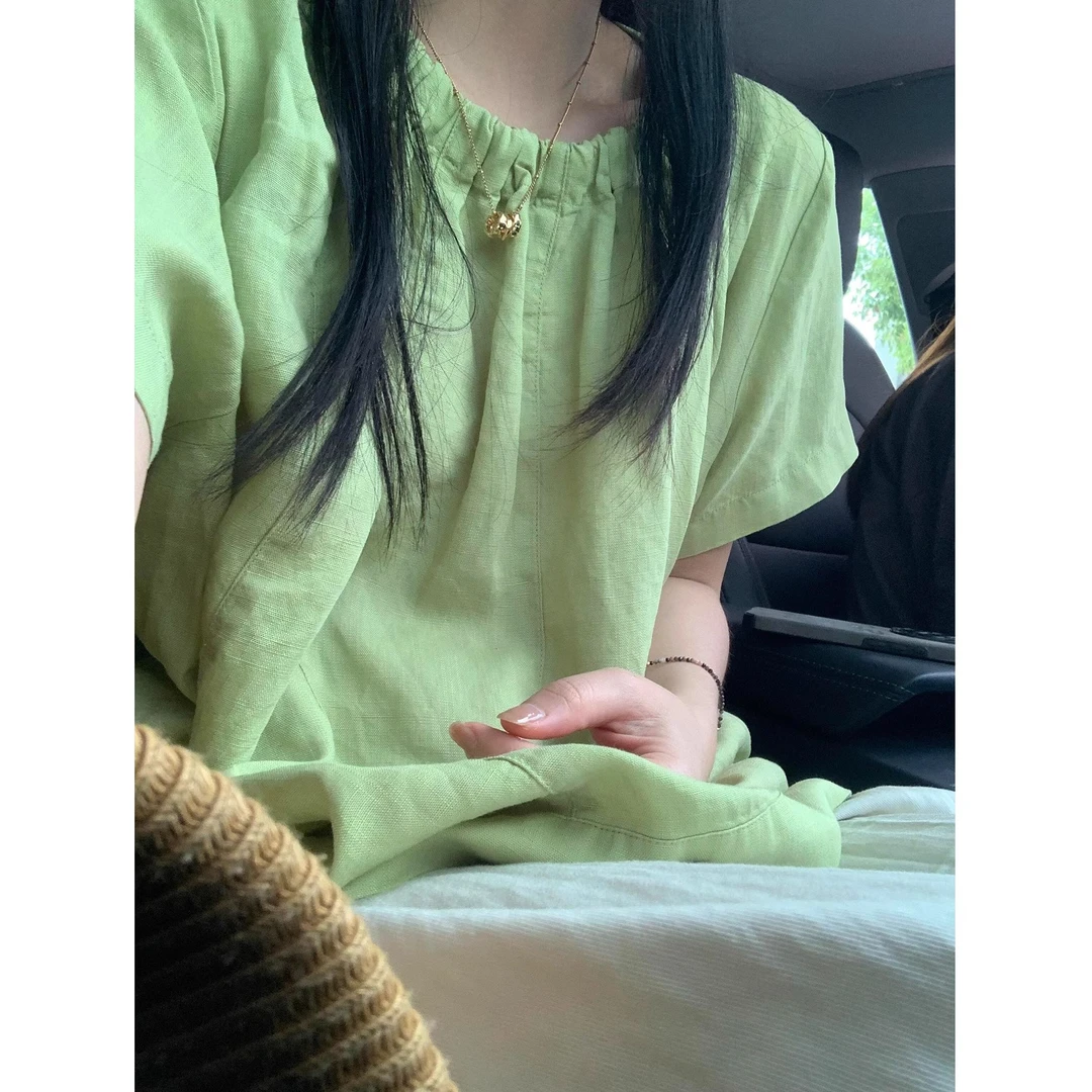 chao级推荐!好显白啊~鲜竹绿天丝亚麻半松紧领口短袖宽松衬衫女