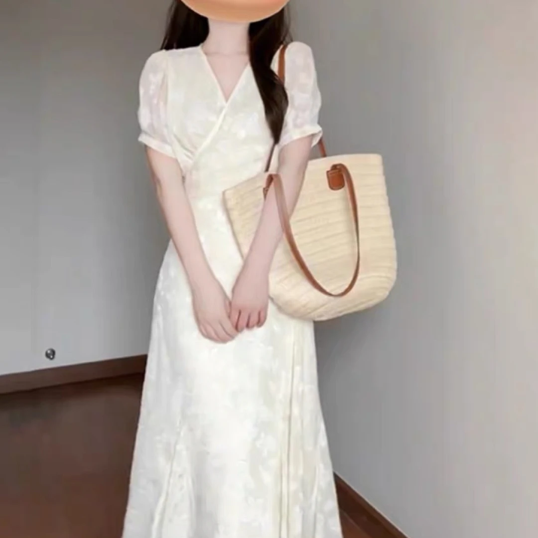 92 新中式法式碎花收腰包臀显瘦V领灯笼袖鱼尾长裙