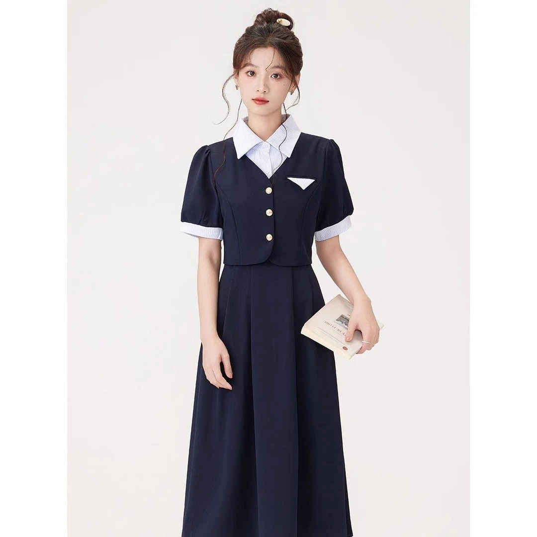 学院风假两件Polo领短袖连衣裙女夏季2025新款教资面试穿搭长裙子