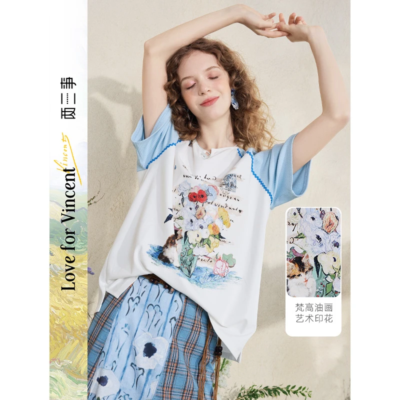 两三事梵高文艺水星手信小清新拼色插肩袖印花t恤S25XT472