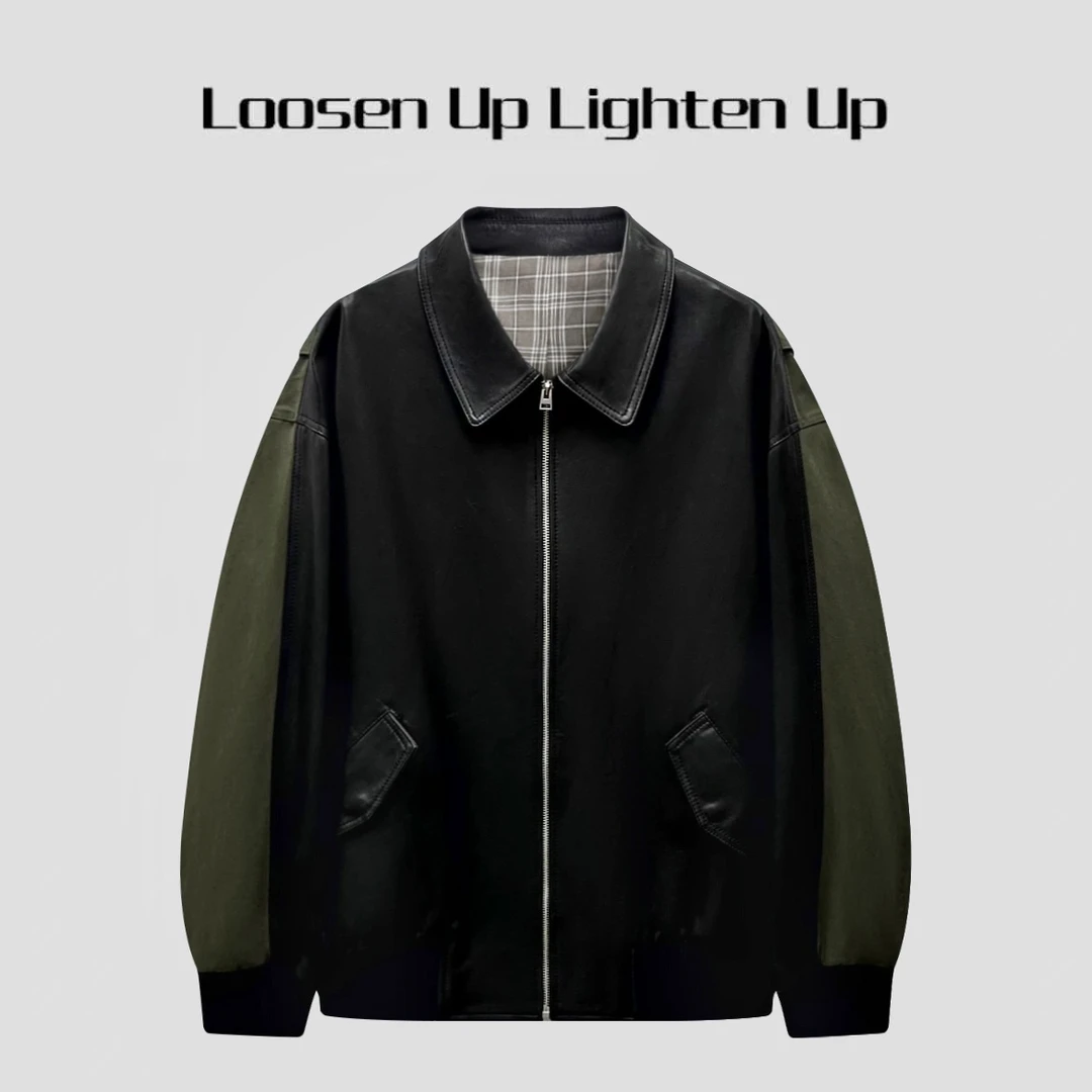 Loosen Up【巴黎街头】西班牙进口植鞣羊皮重工斜纹棉拼色夹克皮衣