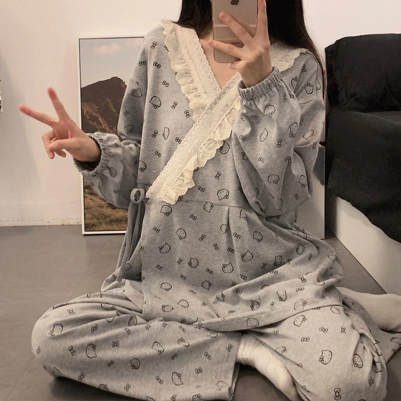 月子服纯棉春秋季孕妇睡衣女哺乳期和服款大码喂奶产后家居服套装