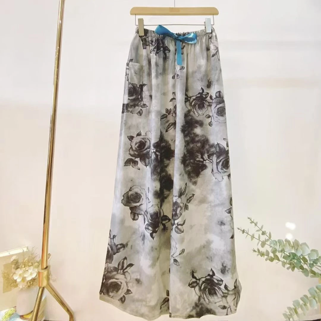 新中式国墨画赛尔棉阔腿裤女夏季薄款高腰垂感休闲裤