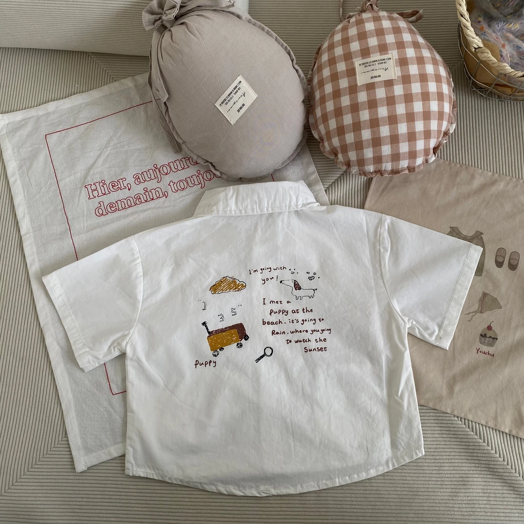 CS016-儿童卡通白色衬衫夏季新款男童中小童宝宝短袖衬衣帅气