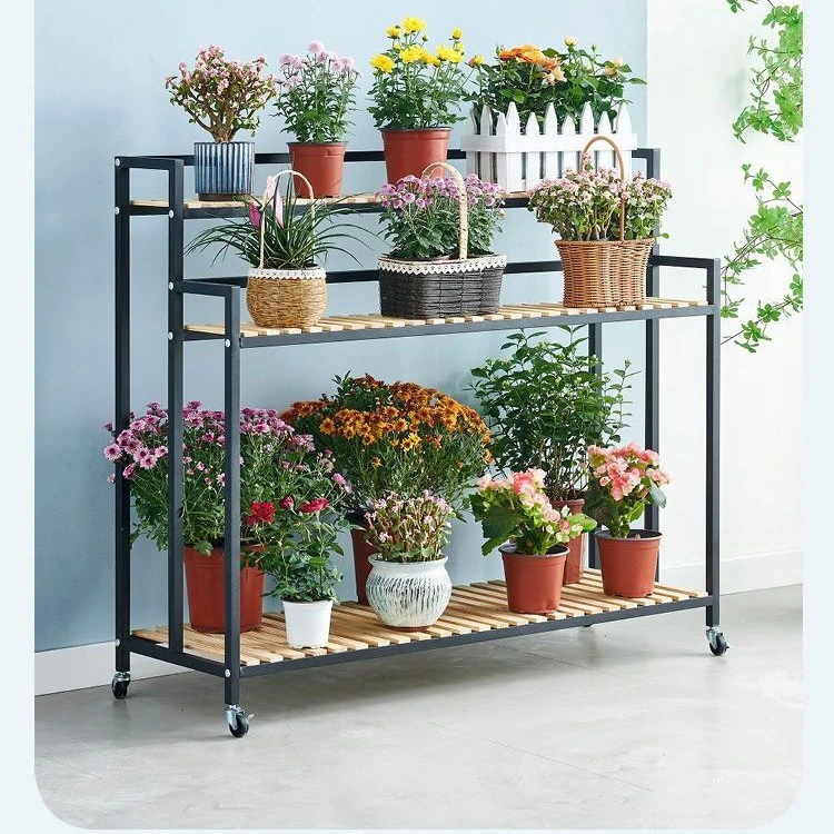 实木铁艺可移动带轮阶梯式多层花架阳台客厅落地置物架