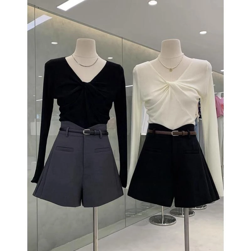 高级感扭结v领内搭打底衫女春夏欧货修身百搭气质心机长袖t恤上衣