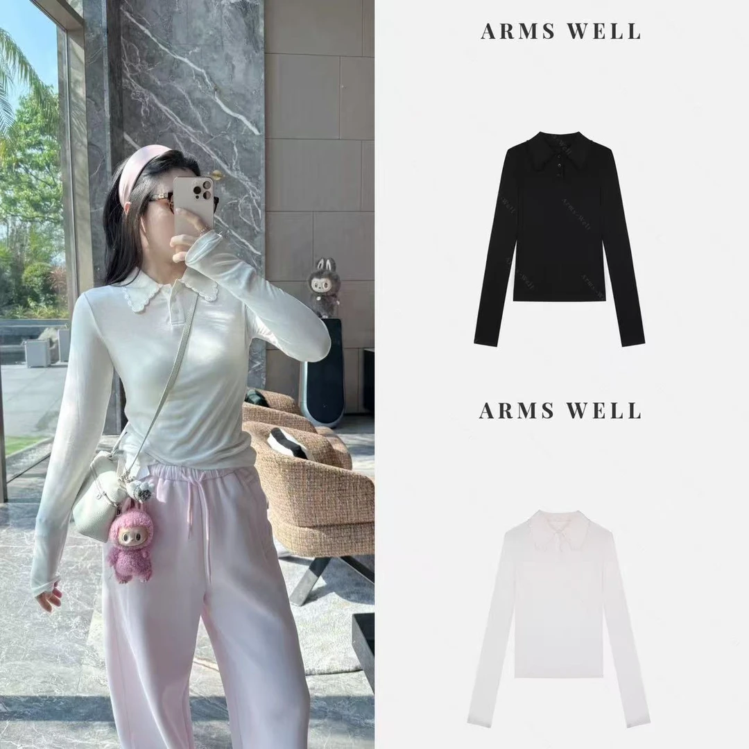 ARMS WELL王囡囡 黑/白花边娃娃领莱赛尔绵羊毛长袖T恤 S255