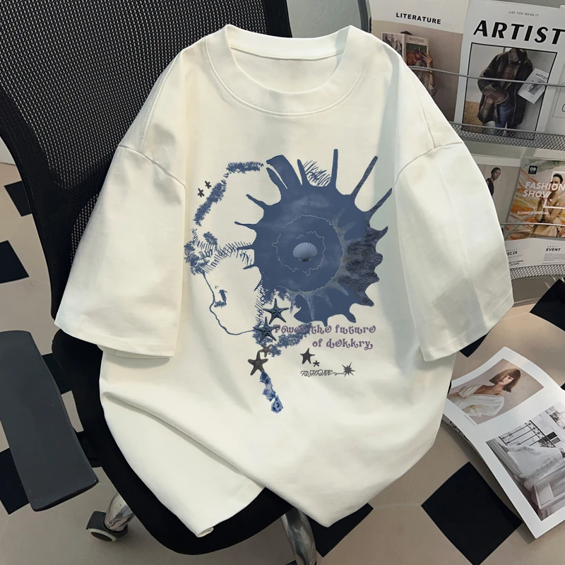 jtrt潮流高街海螺字母纯棉短袖t恤男女夏季插画日系圆领宽松上衣