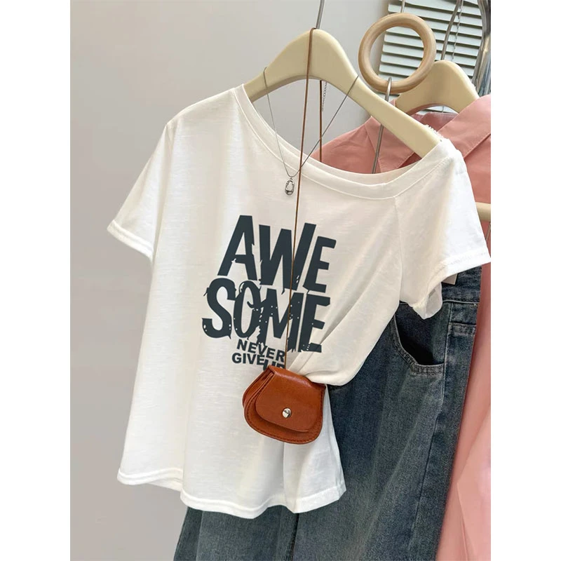 2025新款爆款白色斜肩短袖t恤女设计感韩版时尚百搭显瘦上衣夏季