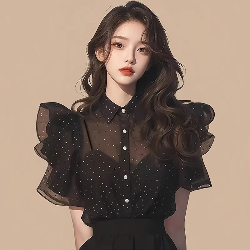法式赫本风荷叶边洋气小衫2025夏季新款泡泡袖翻领薄款波点衬衫女