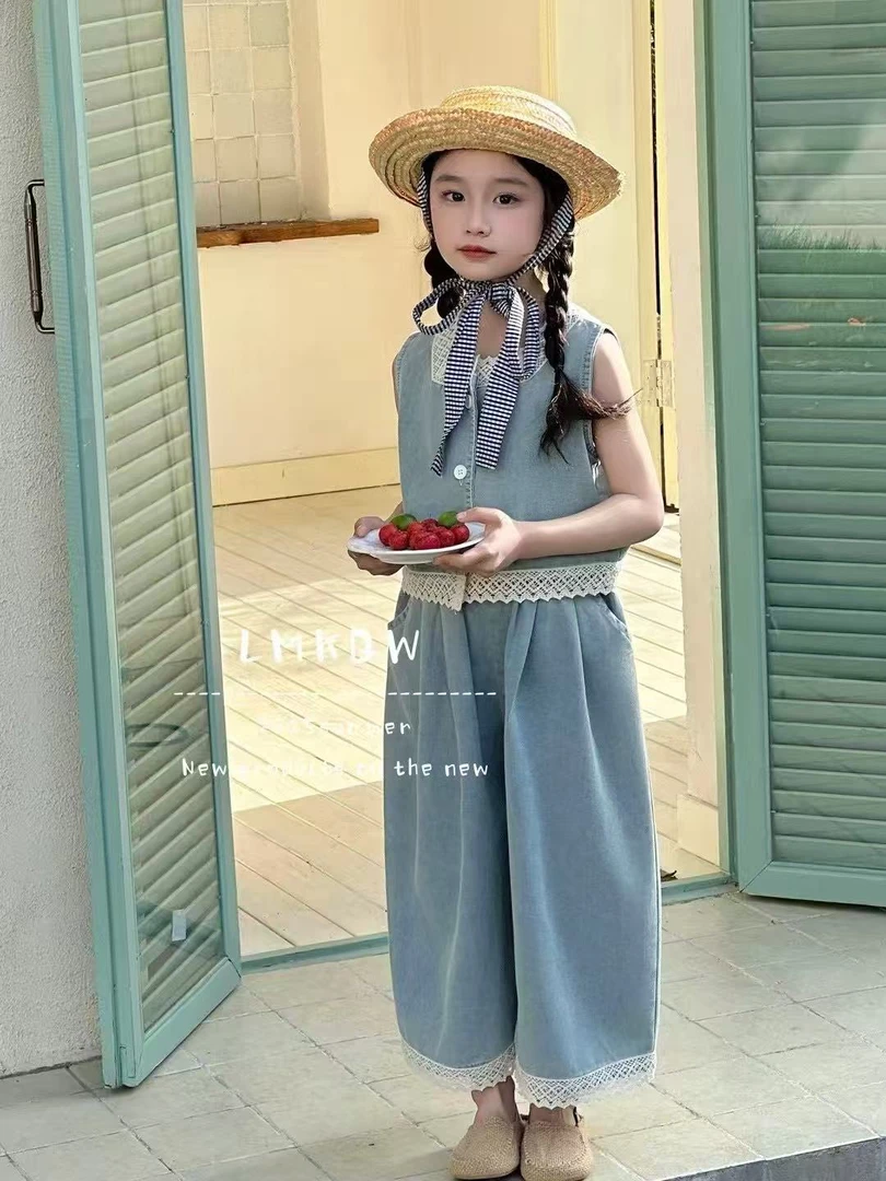 PP205-女童蕾丝边牛仔套装