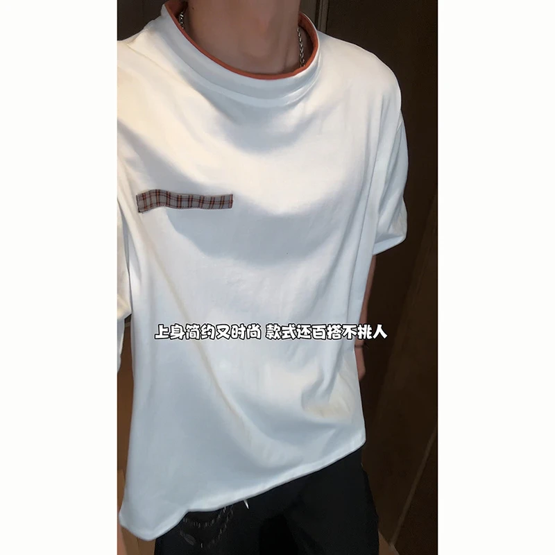 格纹拼接短袖T恤男美式潮牌cleanfit高级感假两件圆领半袖体恤夏