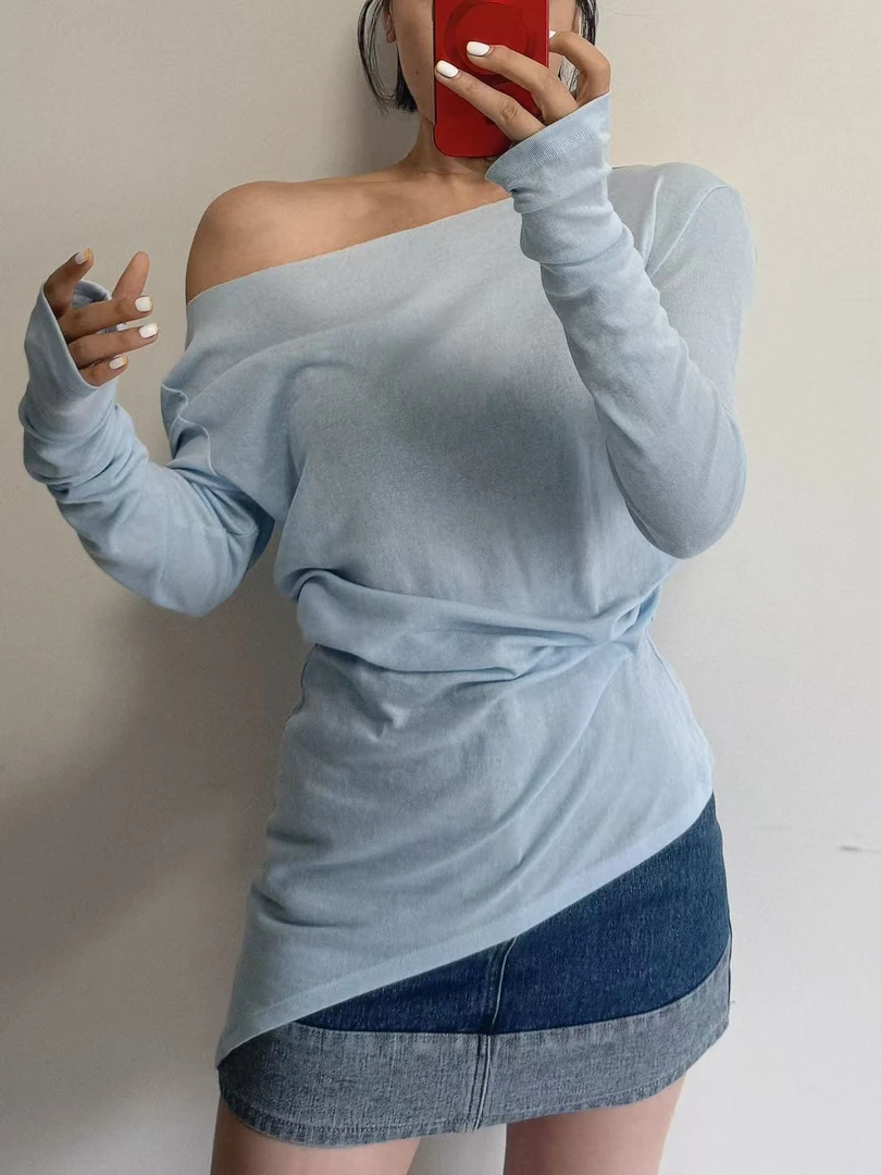 2025东大门春夏新款“未央白麝纱”一字肩斜肩多穿上衣