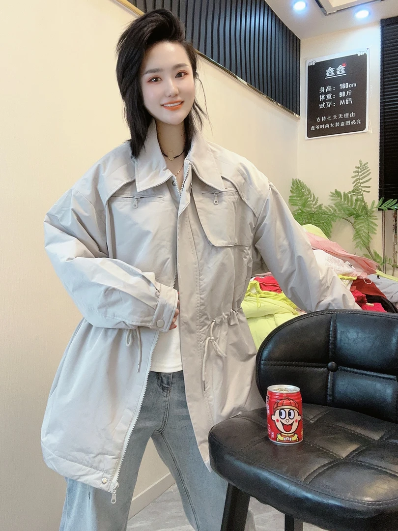 【鑫爷】早春时尚风衣加棉外套女中长款夹棉春季女装薄棉衬衫1158