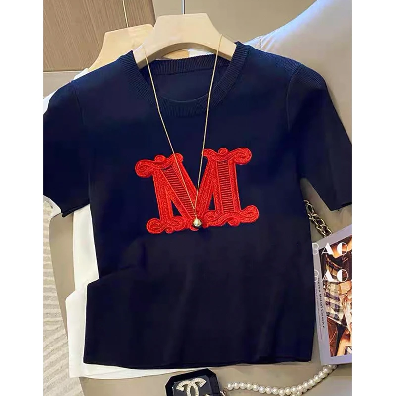 纯棉字母绣花短袖t恤女春夏季白色t恤2025新款柔软亲肤百搭上衣