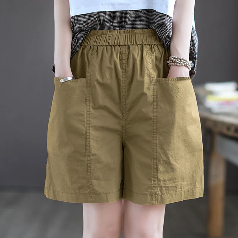 高品质棉短裤女夏宽松高腰显瘦薄款松紧腰阔腿休闲百搭裤子潮