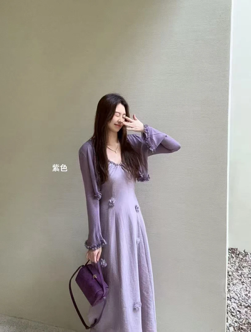 法式立体花朵吊带裙+防晒开衫套装8382（肩带可调）