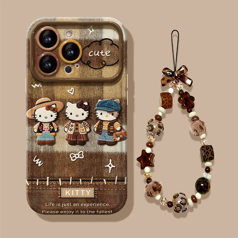 适用于苹果17/华为/oppo/vivo棕格纹KT猫手机壳可爱流行翻盖镜子