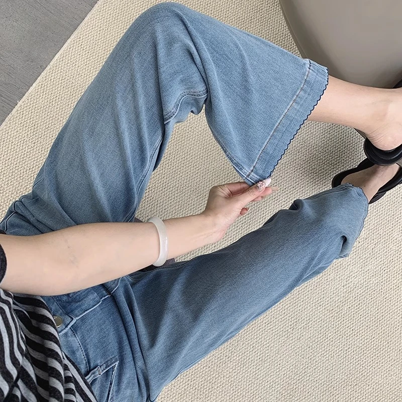 四面弹刺绣花边高腰显瘦牛仔裤女夏季薄款梨形身材大码垂感九分裤