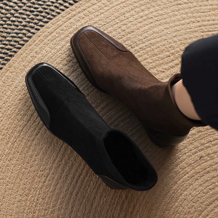 大码低跟短靴女鞋41一43方头靴子春秋粗跟弹力瘦瘦靴2024新款单靴