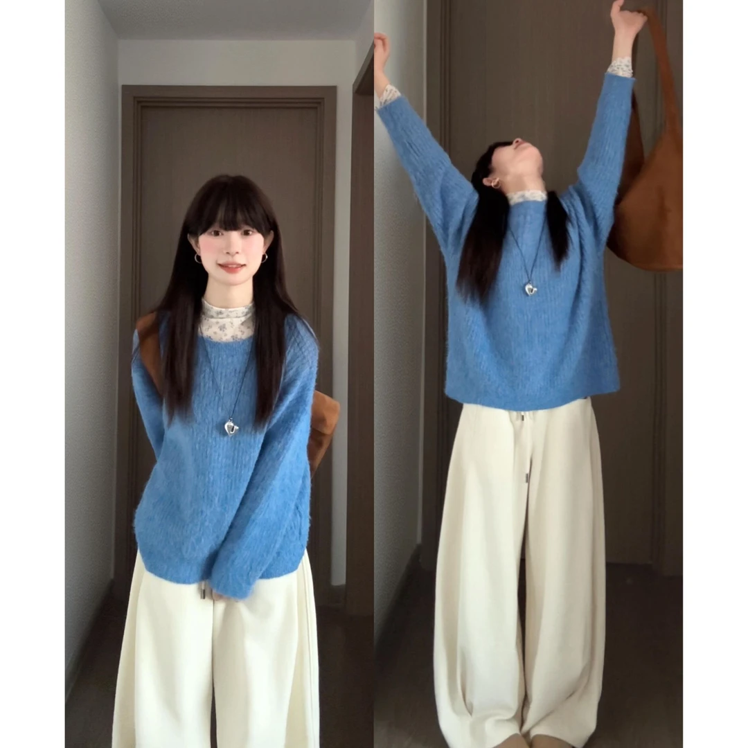 MARIE.COCO蓝色圆领套头毛衣秋冬韩系巨好看慵懒松弛感针织衫上衣