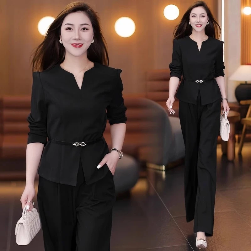时尚套装女春秋新款洋气质收腰显瘦V领系带上衣高腰阔腿裤两件套