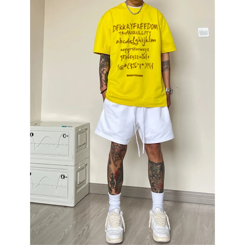 labzaa美式高街ins字母印花黄色短袖t恤男女夏季百搭休闲纯棉上衣