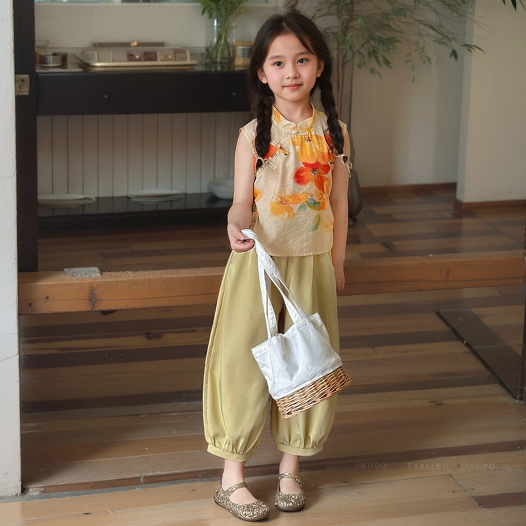 女童套装新中式衬衫夏季洋气儿童装盘扣无袖衬衣短裤国风宝宝夏装