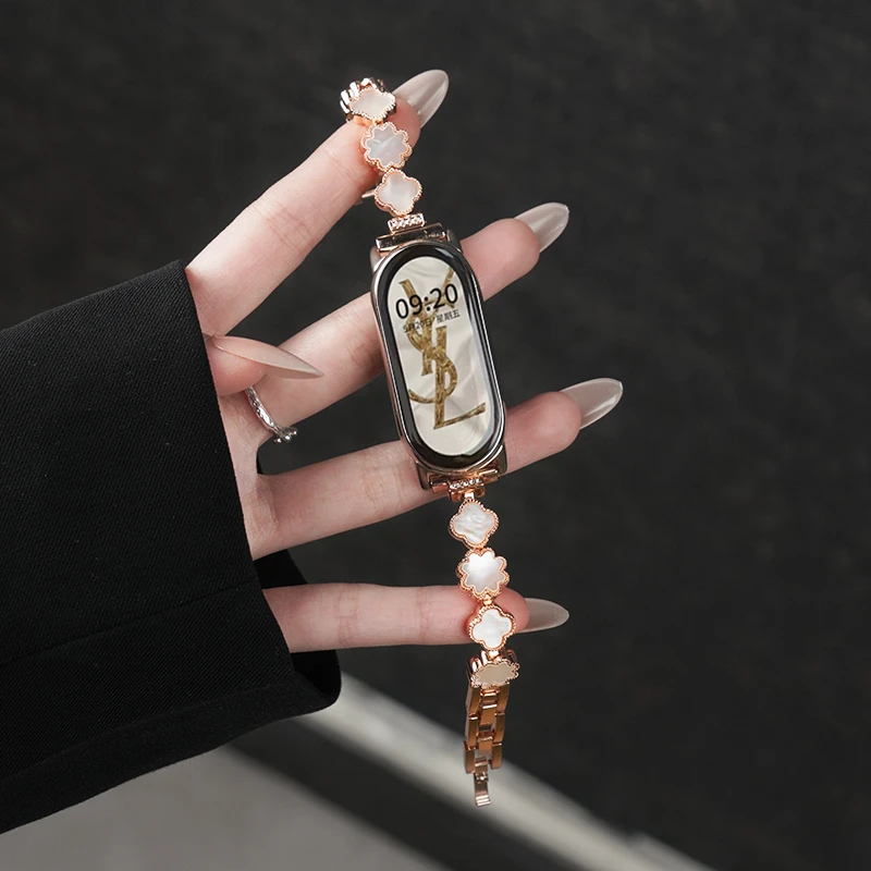 适用小米手环10/9表带8NFC链式四叶草贝壳腕带女夏天表链透气手链