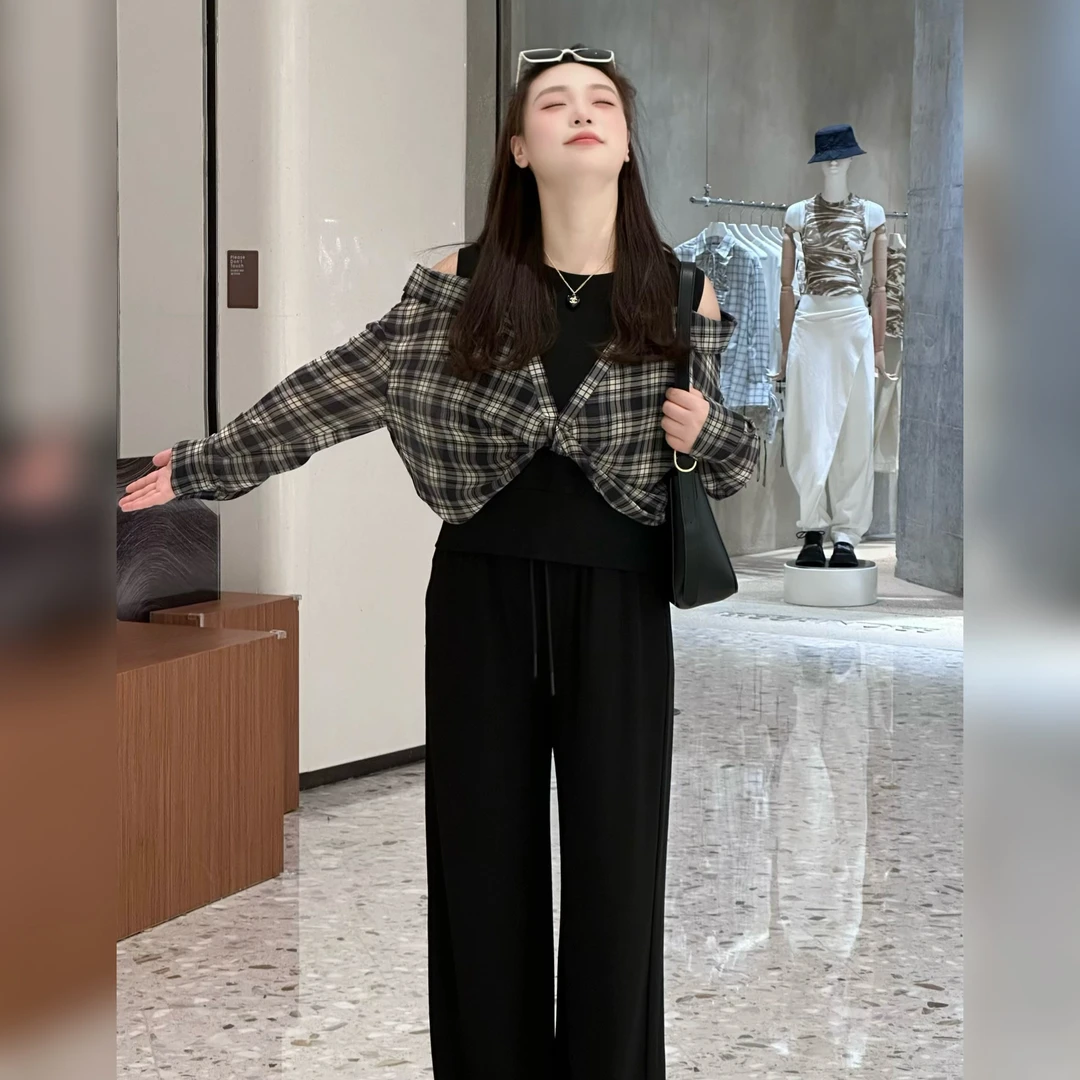 楠序【小腔调】魏魏女装 假两件格子衬衫女款外穿长袖上衣女YZ36693