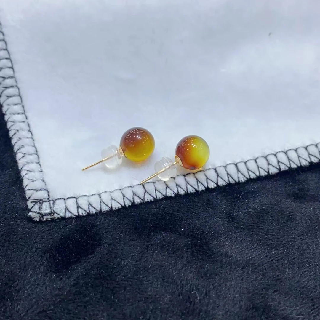 【壹芳珠宝】天然原矿红蓝珀圆珠18k金镶耳钉9mm