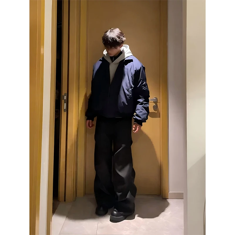 行星世界黑色褶皱西裤男春季节直筒微喇长裤高级感垂感青男生