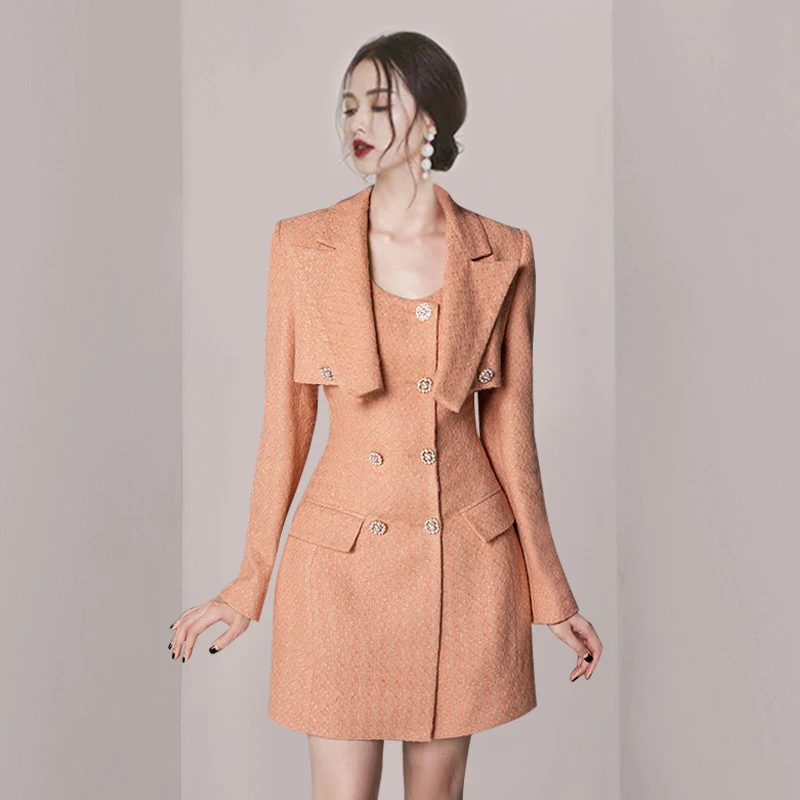 2025春季法式小香风优雅公主时尚小众双排扣修身显瘦毛呢两件套女