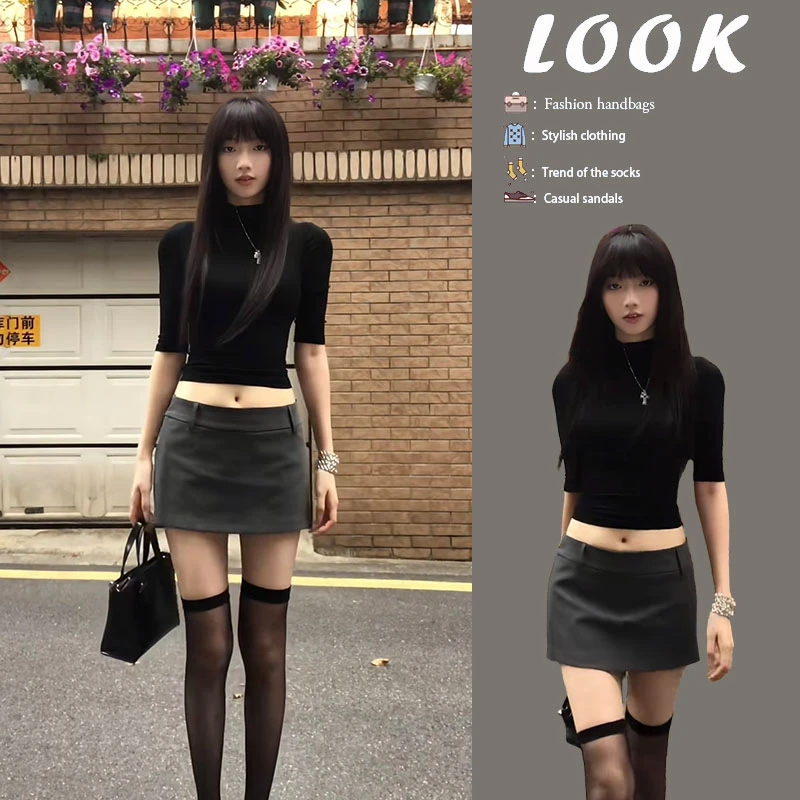 时尚穿搭女2025夏季新款半高领修身半袖T恤显瘦西装短裙两件套装