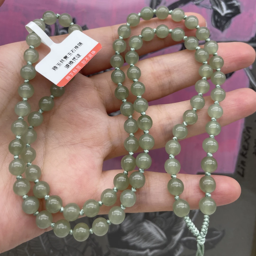 天然和田玉冰透晴水圆珠编织项链吊坠项链卡6