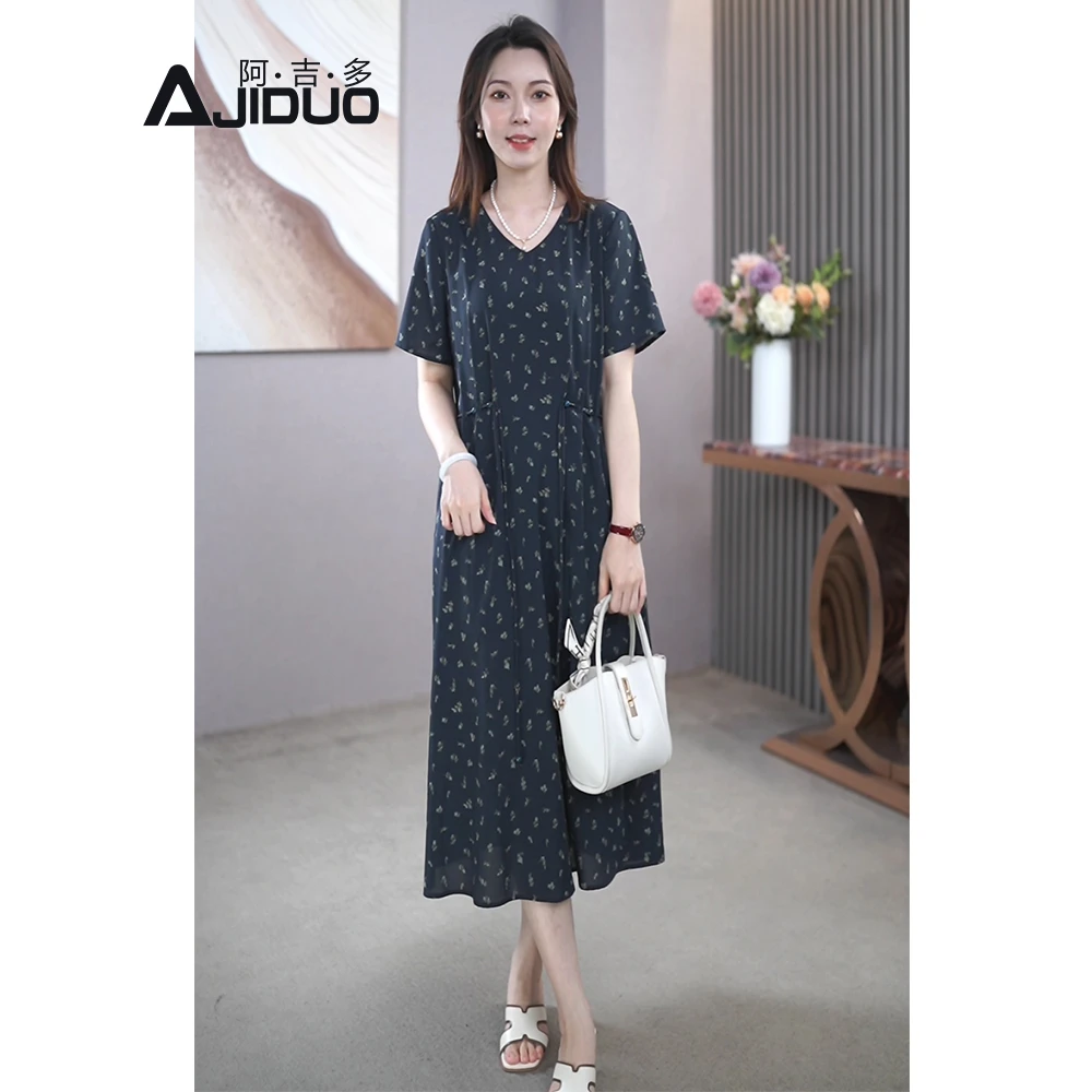 法式碎花短袖连衣裙女夏季高级优雅妈妈气质V领大码长裙子A21989
