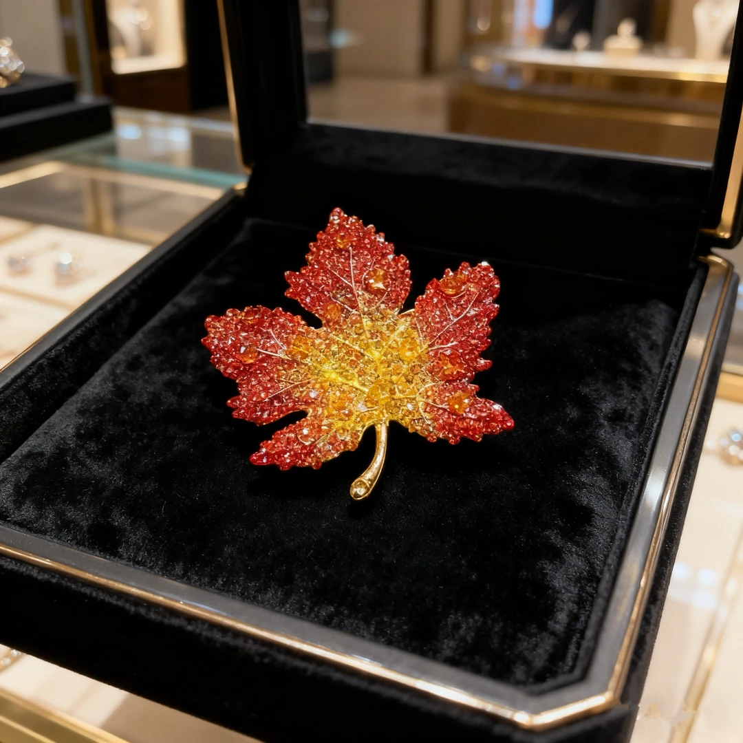 铜合金合成锆石胸针 精致气质韵味百搭红色枫叶胸针 E1-008