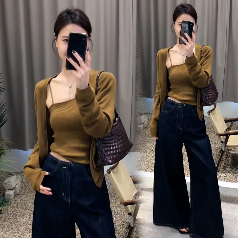 复古风小众气质针织衫女2025秋冬新款洋气百搭显瘦开衫吊带两件套