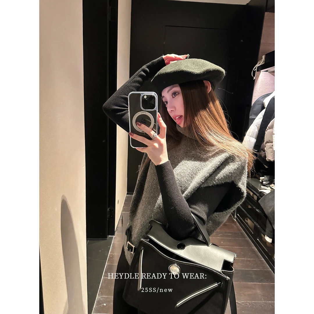 黑豆哼哼 韩系欧尼*无袖高领针织马甲女高智感叠穿毛衣背心送腰带