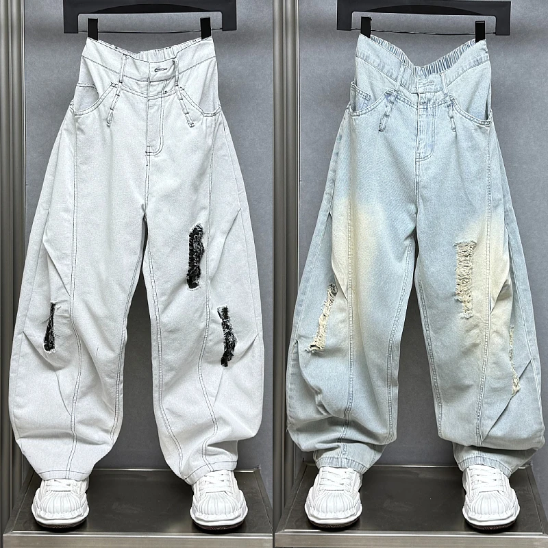 破洞刮烂牛仔裤男夏季新款美式高街潮牌长裤子宽松直筒阔腿休闲裤